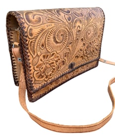 Vintage Tooled Leather 1970s Western Shoulder Bag