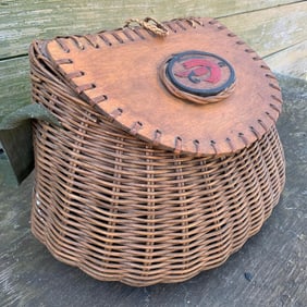 Vintage Woven Wicker, Wood, and Rawhide Fisherman's Basket, Fishing Creel