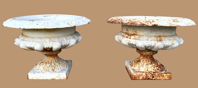 Pair Antique White Cast Iron Conservatory, Garden, Footed Planter Urns