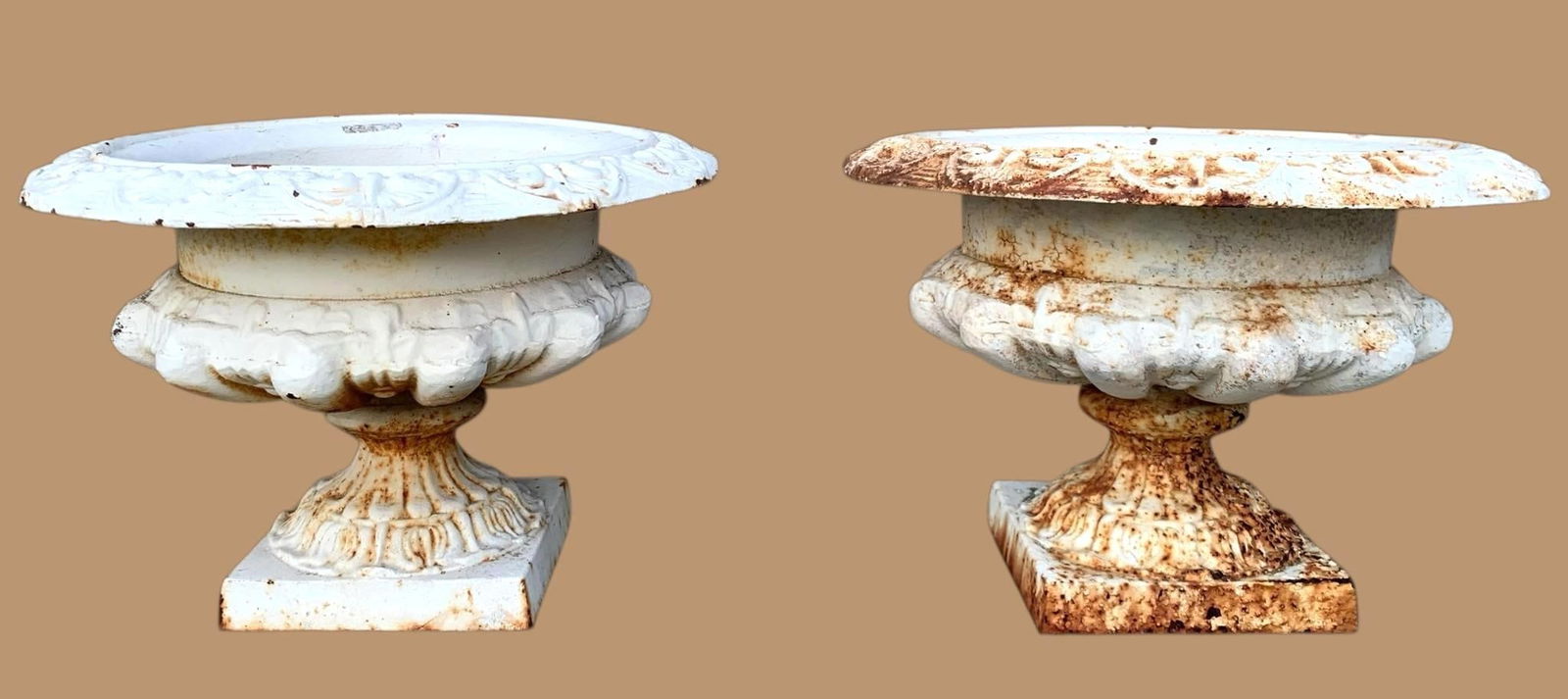 Pair Antique White Cast Iron Conservatory, Garden, Footed Planter Urns (1 of 13)