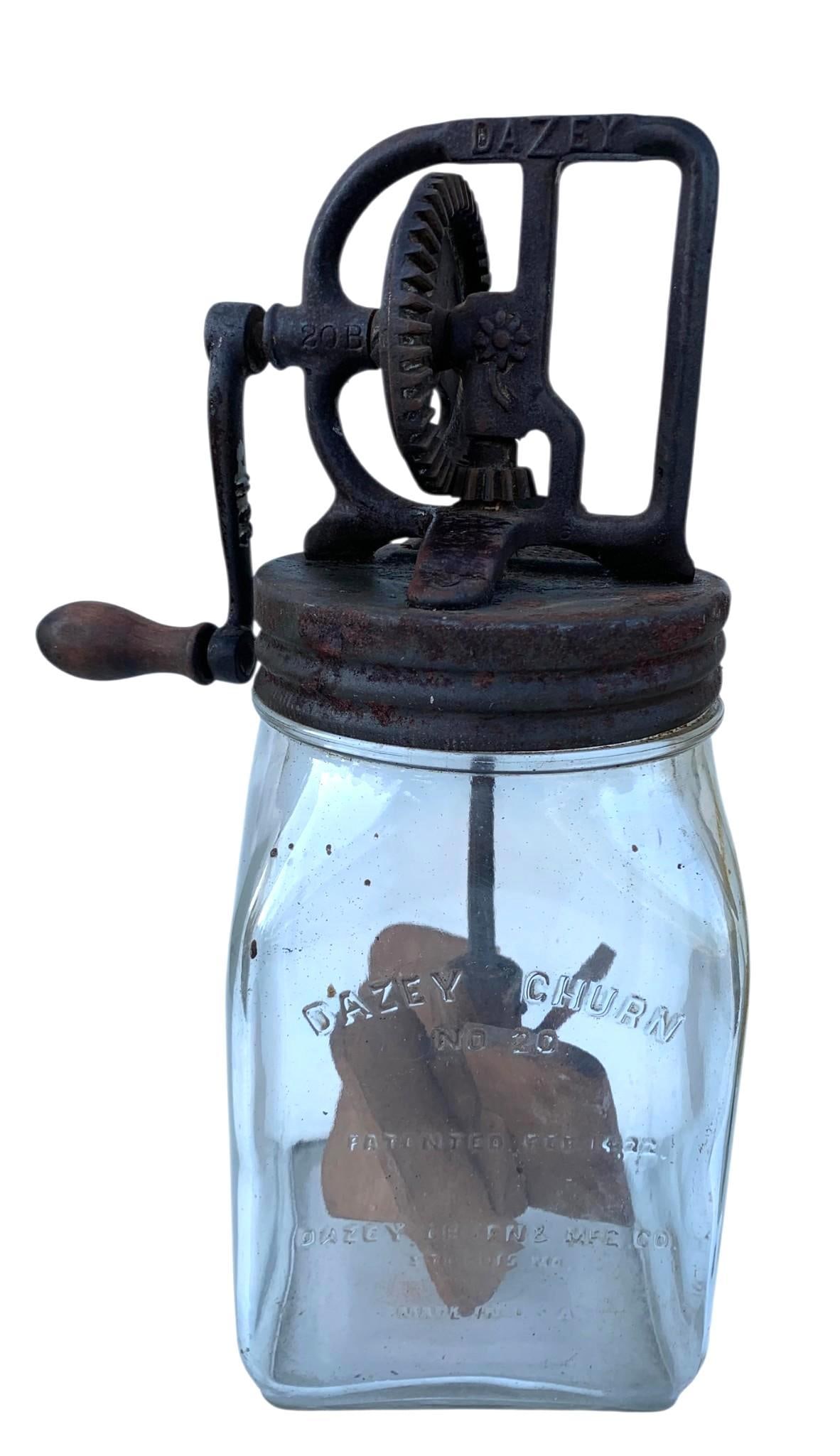 Antique Dazey No 20 c1922 Farmhouse Butter Churn: Embossed Dazey No 20 glass churn with metal top, wood handle and paddle, patent date 1922.