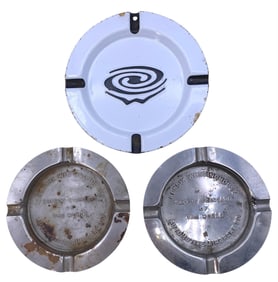 3 Vintage Advertising Porcelain and Embossed Metal Cigarette, Cigar, Ashtrays