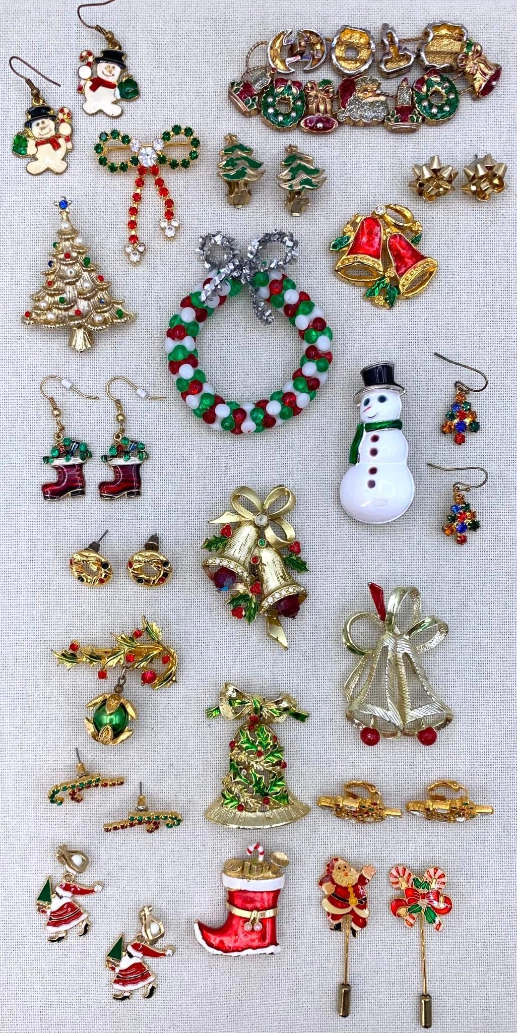 31 pc Vintage Christmas Holiday Pin and Earring Collection: Fab variety with working closures, some earrings will need backs, a few with makers marks, no pin on the beaded wreath decoration.