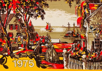 7 pc Deadstock 1975 Linen Colonial Calendar Wall Art Kitchen Towels