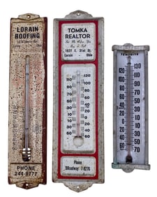 Trio Vintage Metal Advertising Mid Century Lorain Ohio Businesses Thermometers