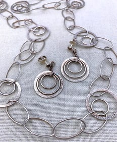 34 Gram Sterling Silver Hammered Circlet and Fine Oval 925 Statement Necklace and Earring Set