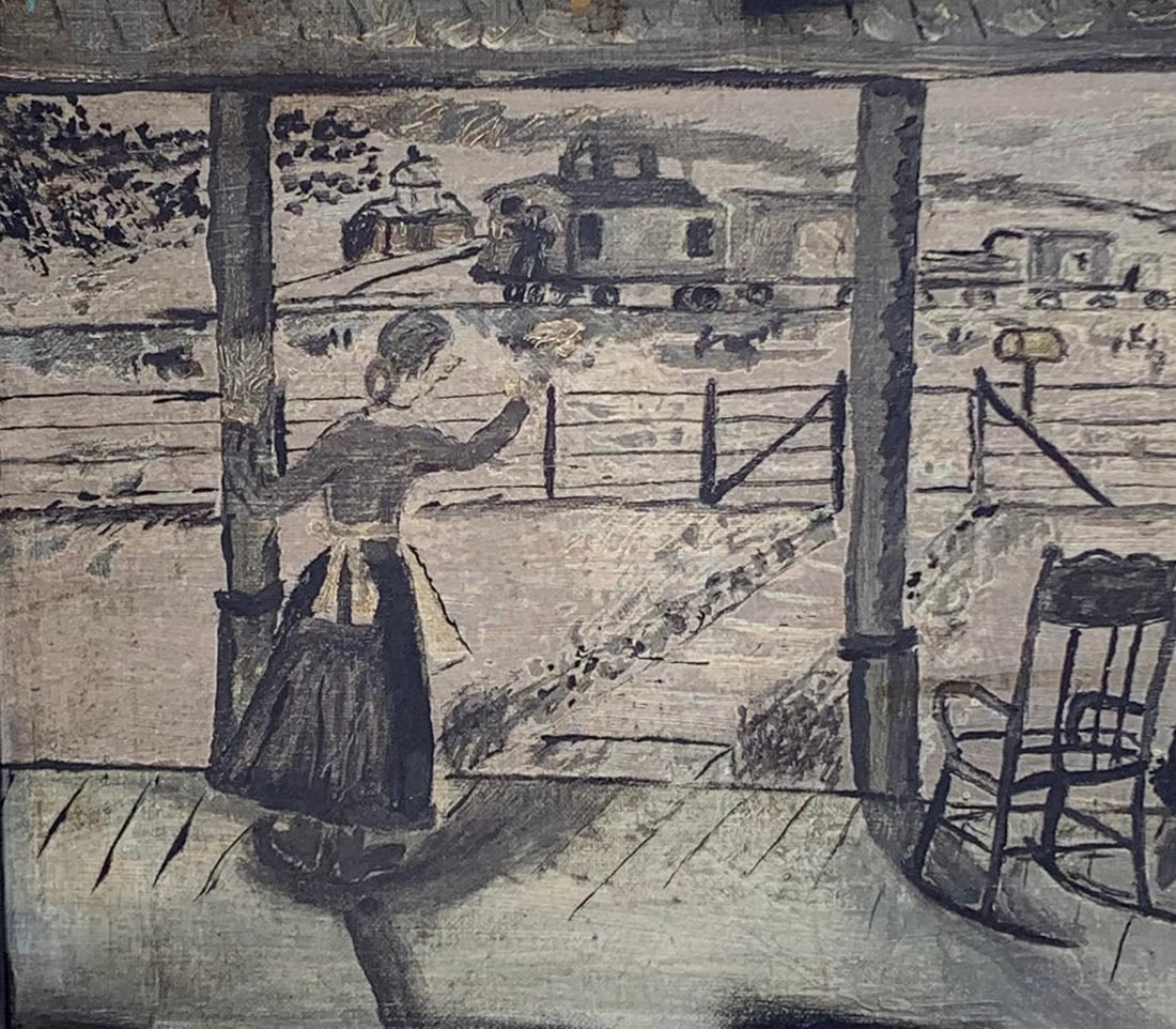 Vintage Folk Art Black Oil on Board A.B. signed Framed Farmhouse Railroad Vignette Painting (1 of 7)