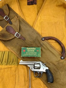 Antique Iver Johnson Break Top Revolver, Woodsman Hunting Vest, Remington Kleanbore Ammo and Sling