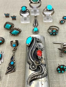 22 pc Vintage Native American Silver, Turquoise and Coral Jewelry and Lighter Case Collection