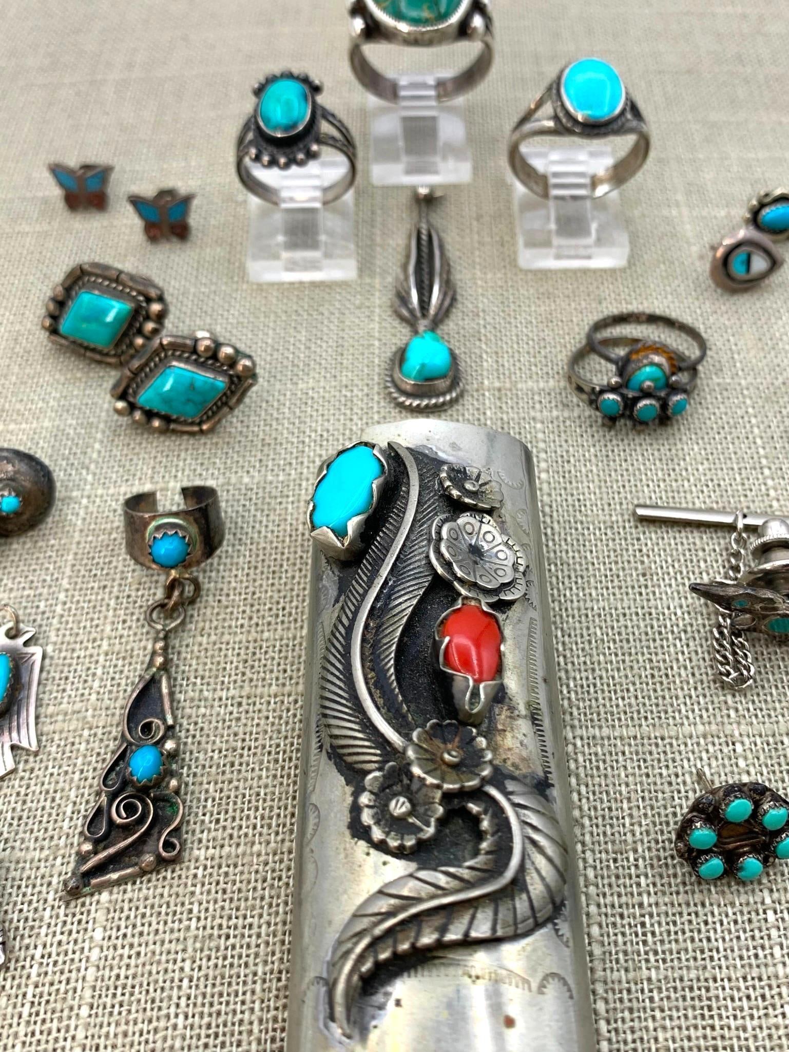 22 pc Vintage Native American Silver, Turquoise and Coral Jewelry and Lighter Case Collection (1 of 20)
