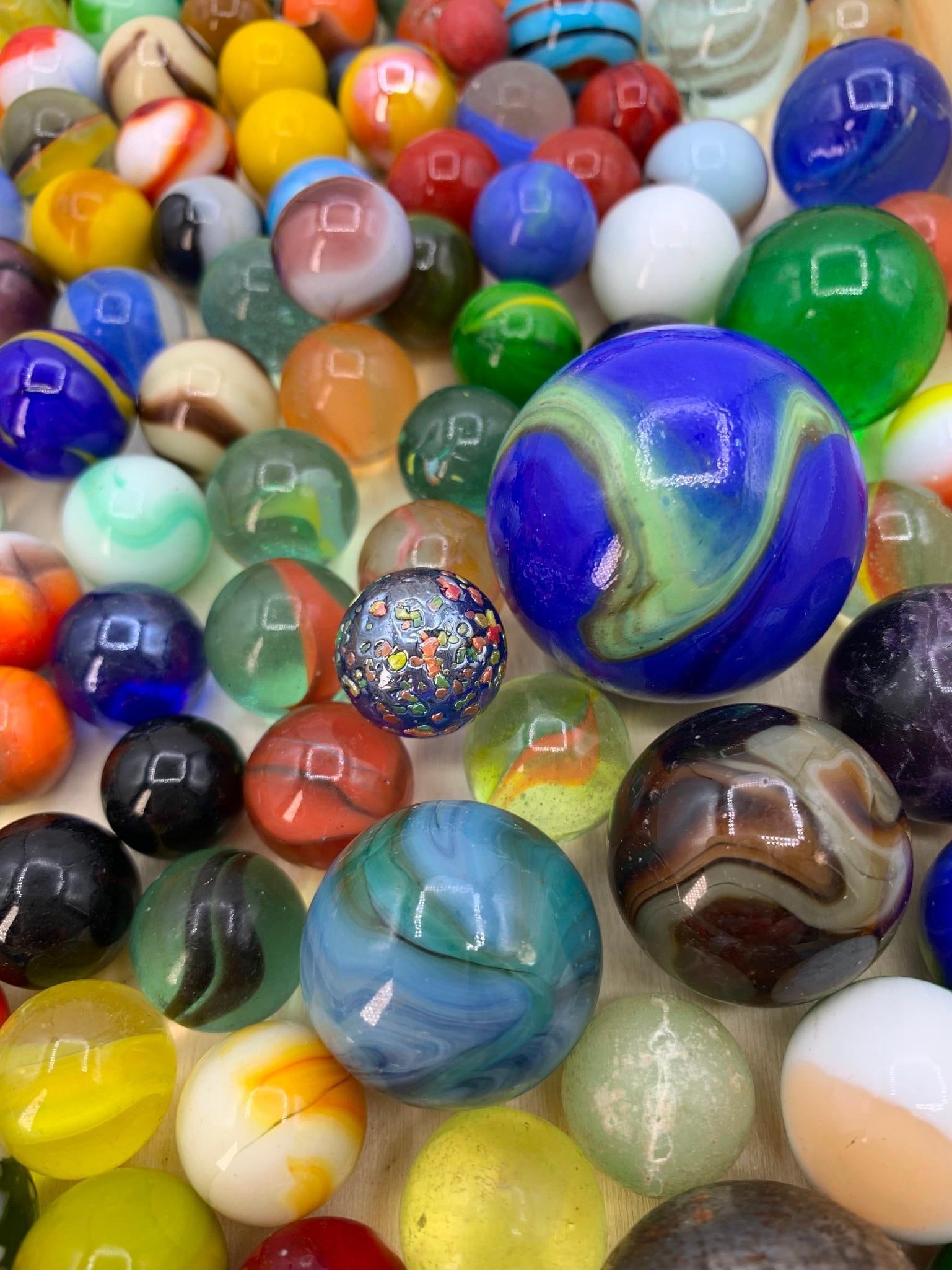 2 3/4 POUNDS Vintage Art Glass Marbles and Shooters Collection: Slag, swirled, striped, cats eye, iridescent, a few natural stone orbs, a metal ball and mini pottery spheres in the mix, 34mm to 9mm in size.