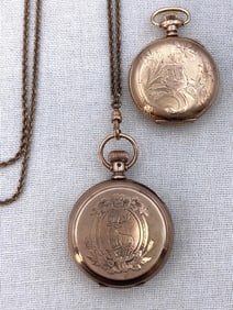 2 pc 1884 Elgin Stag Etched Hunting Case, 1898 Waltham Seaside, Engraved Antique Pocket Watches