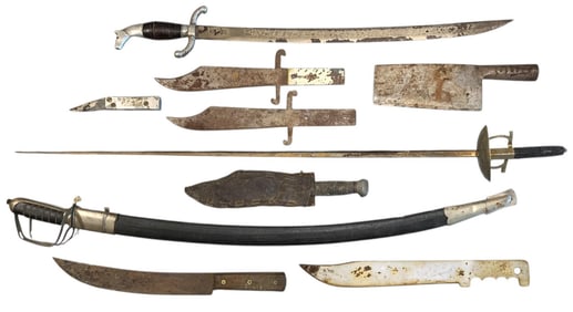 10 pc Vintage Swords, WWII era Pal, Bowie Knife Blades, Butcher Cleaver Weaponry Lot