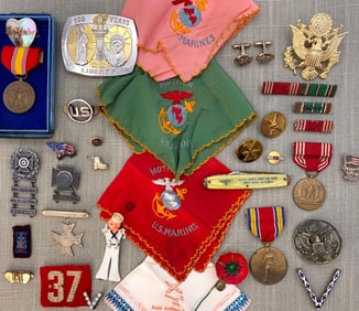 36 pc Vintage US Military Soldier Medals, V Brooches, Wartime Souvenirs, Patriotic Lot