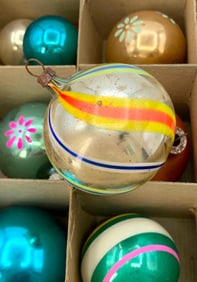 39 Vintage Blue and Gold Glass Christmas Tree Ornaments with Shiny Brite Box