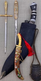 5 pc Vintage Kukri Machete Knife, Turkish Powder Flask and Letter Opener Collection