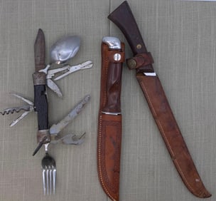 Vintage Western and Cutco Knives, 2 Leather Sheaths and Camp Hobo Knife