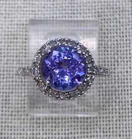 Incredible 14k White Gold Tanzanite Round Solitaire Diamond Halo Ring
