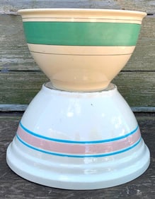 2 Large Vintage Farmhouse Striped Pottery Stoneware Batter Bowls