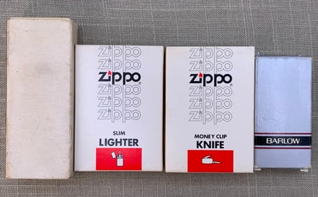 4 pc ZIPPO and Barlow Military Ballistic Missile Submarine and Advertising Knives and Lighter Lot