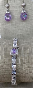 Opulent Sterling Silver Emerald Cut CZ 925 Tennis Bracelet & Lavender Crystal Earrings