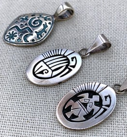 3 Navajo Sterling Silver Overlay Bear Paw, Turtle & Relios Petroglyph 925 Pendants
