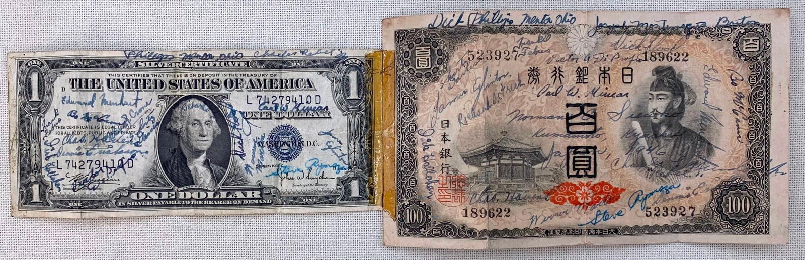 1946 Kumamoto Kyushu Island Japan US Military Soldiers Autographed US $1 and 100 YEN Banknotes: Fantastic post WWII US Military occupied Kumamoto Kyushu island Japan relic...1936 series $1 US and 100 Japanese YEN currency bills taped together and covered in hand written signatures from US Soldie