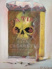 B. Clark 1920s Artist Signed Pastel Chalk Macabre Skull Fatima Turkish Cigarette Framed Art