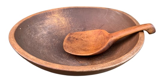 Antique Asymmetrical Primitive Farmhouse Wood Dough Bowl and Hand-Hewn Butter Paddle
