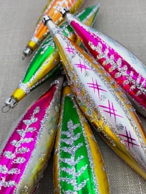 6 Mid Century POLAND Blown Glass Elongated Teardrop Glitter Trimmed Christmas Tree Ornaments in Box