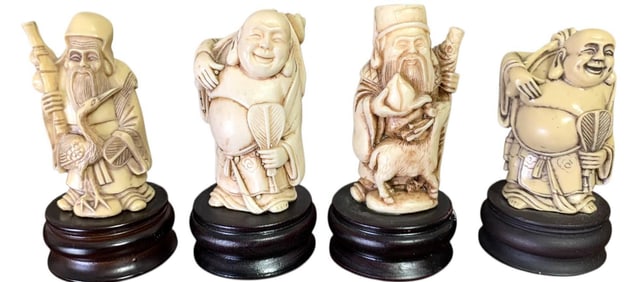 4 Vintage Oriental Carved Resin Wise Sage, Buddha, Good Fortune Deity Altar Sculptures