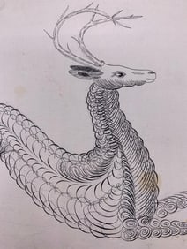 3 Vintage Ornately Hand Drawn Calligraphy Stag, Bird and Fish Artwork