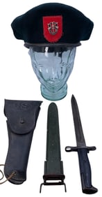 US Army Special Forces Airborne Beret, 1906 Bayonet with Scabbard and Leather US Pistol Holster