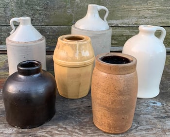 6 Antique to Vintage Primitive Farmhouse Stoneware Canning Jars, Crocks and Jugs
