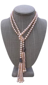 Long Tasseled Blush Pink Freshwater Pearl Silver Bead Lariat Necklace