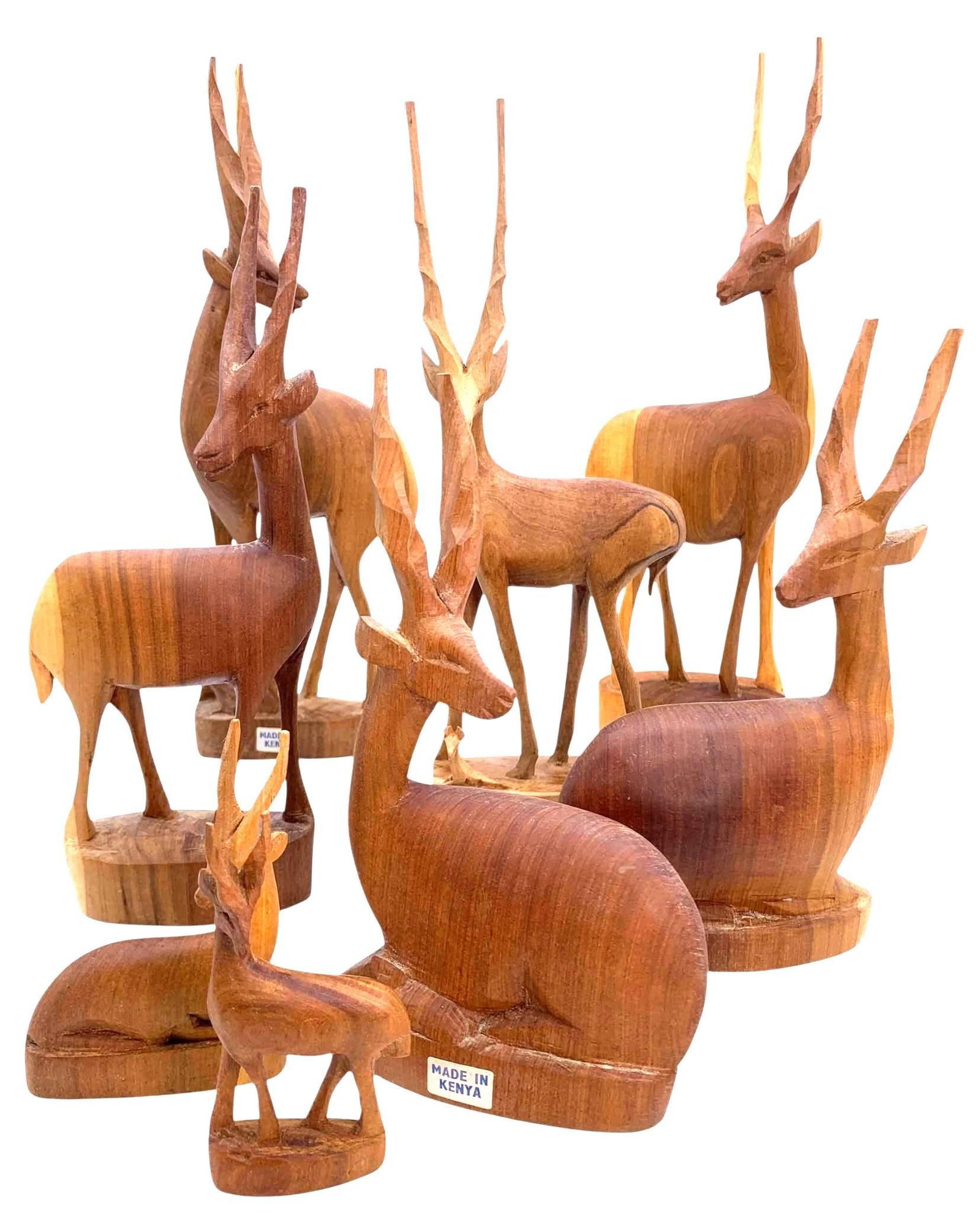 8 Kenyan Hand Carved African Wood Graceful Gazelle Antelope Sculptures: Large 12 1/2" to 4 1/2" sculptures, each solid wood with beautiful grain, all structurally sound, Kenya labels remain on some.