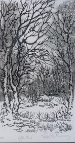 Original Artist Signed Black and White Winter Forest Scene Watercolor Painting, Framed Artwork