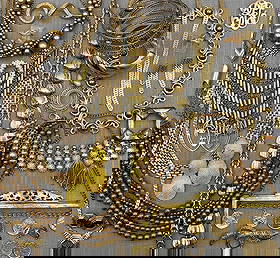 43 pc Glamorous Burnished Gold Costume Jewelry Collection: Mid Century to 90s, opulent collar necklaces, glittering bangles, gleaming brooches and clips, pierced and clip earrings, Monet, Avon, pewter toned accented adornments, a few missing rhinestones,