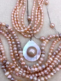 4 pc Blush Pink Freshwater Pearl Sterling Silver Necklace and Bracelet Set