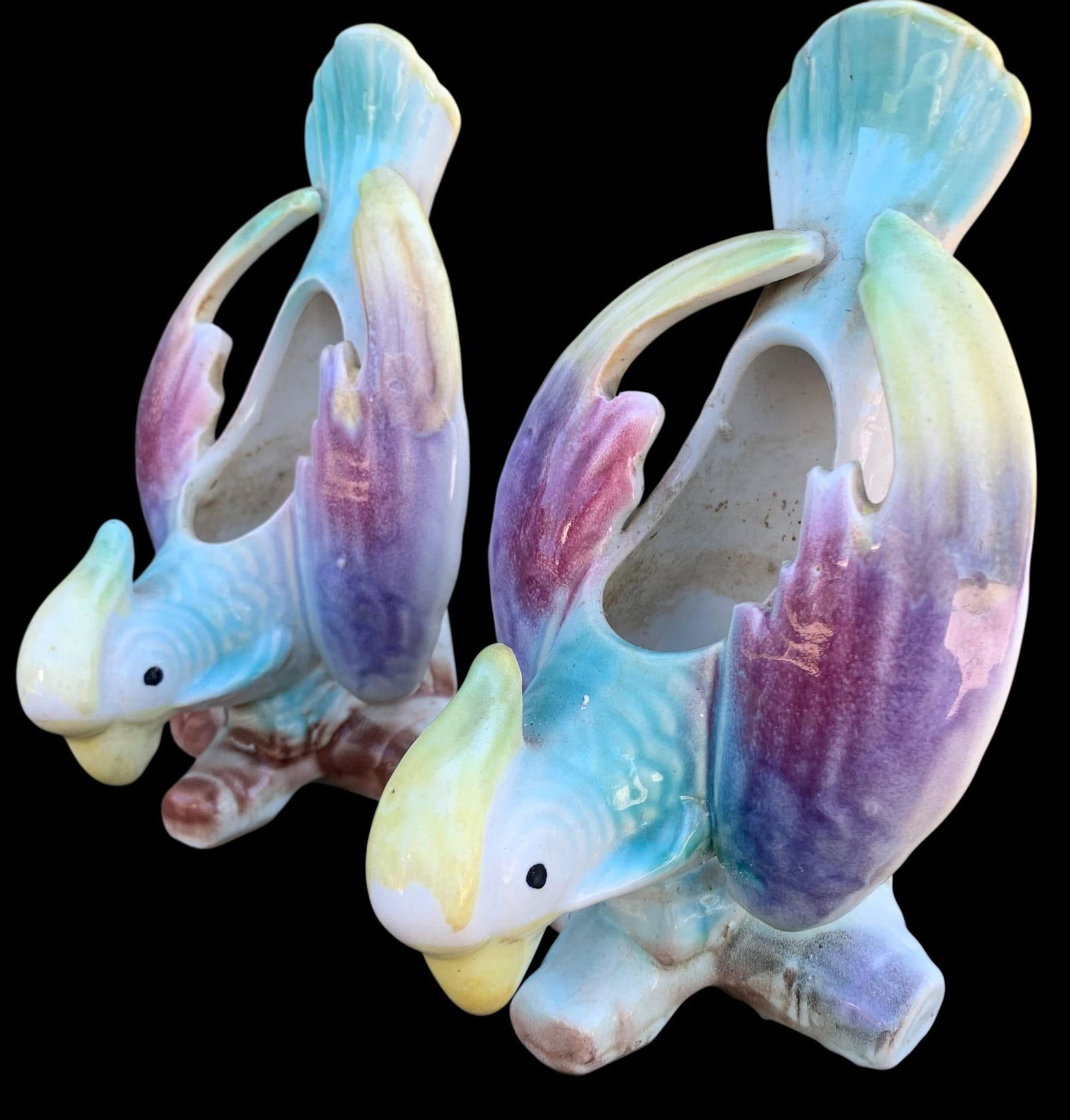 PAIR 1940s Colorful Morton Pottery Cockatoo Bird Wall Pocket Pottery Flower Vases (1 of 9)