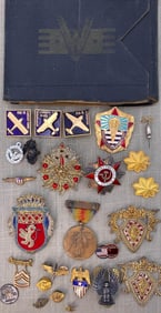 27 pc Vintage US and Foreign Military Pins, Medals, and War Ration Book Lot