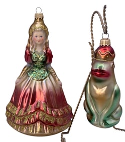 2 Fantastic Lauscha Glas German Princess and the Frog Glass Christmas Tree Ornaments