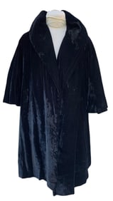 Mid Century Raven Black Velveteen Swing Shawl Collar Evening Coat