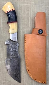Handmade Damascus Steel Bone Handle Hunting Knife, Leather Sheath
