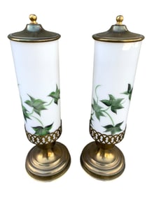 Pair Working Mid Century Hand Painted Ivy Milk Glass Electric Mantel, Buffet, Console Lights