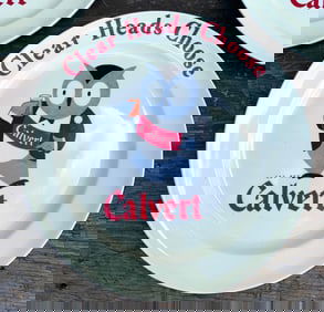 16 pc Vintage CALVERT Whiskey Owl Advertising Bar Plates and Embossed Shot Glasses