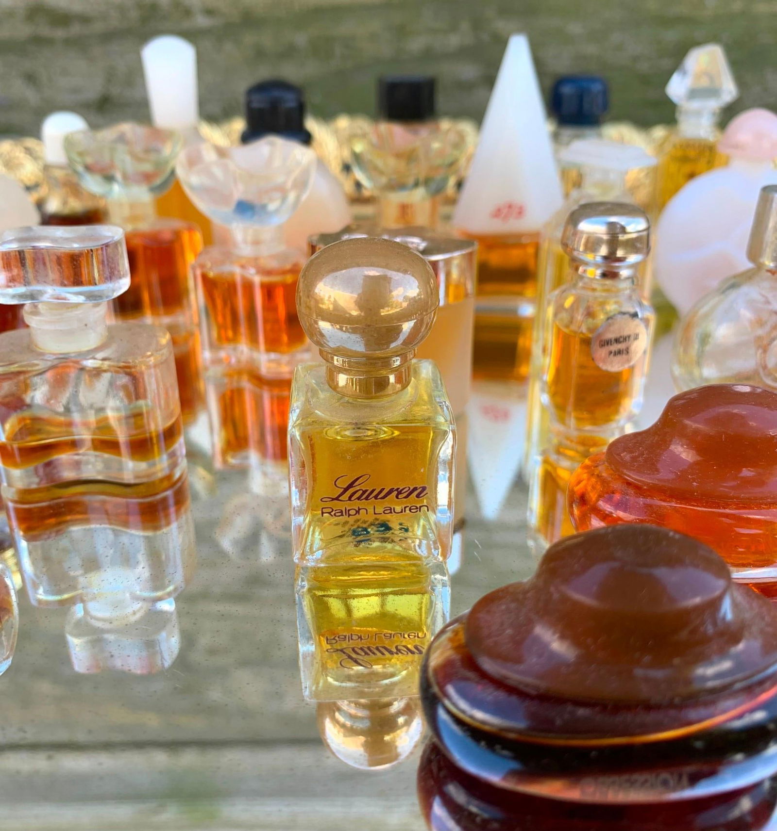 26 Miniature Perfume Bottles and Vintage Pierced and Gilded Metal Mirrored Dresser Tray (1 of 15)