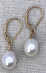 14k Yellow Gold 11x8mm Freshwater Pearl and Petite Diamond Lever Back Earrings