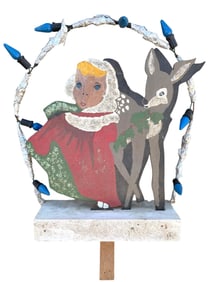 1930s Handmade Folk Art Wooden Girl with Deer Christmas Window Light Up Holiday Decoration