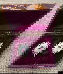 Early Pair of 900 Silver Ruby Cabochon Enamel Shirt Studs, Cufflinks, in Antique Victorian Jewel Box